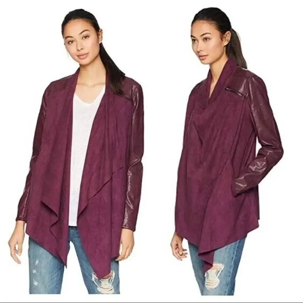 BlankNYC Size S Draped Front Moto Jacket Faux Suede Cabernet - Picture 2 of 12